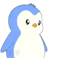 a blue and white penguin is holding a pink heart with the word pengu on the bottom
