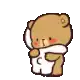 a cartoon of a teddy bear hugging a cat with hearts in the background .