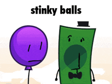 a purple balloon is standing next to a green object that says stinky balls on it