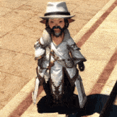 a little girl with a beard wearing a white hat and coat