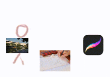 a drawing of a stick figure with a picture of a building and a drawing of a person holding a pen