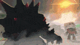 a cartoon drawing of a monster with spikes and a robot in the background