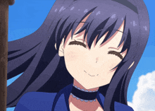 a girl with purple hair and a blue shirt is smiling