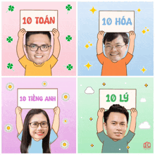 a man and a woman are holding up signs that say 10 toan and 10 hoa