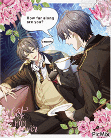 a picture of two anime characters with a speech bubble that says how far along are you