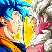 a cartoon of a man with blue hair and a man with white hair looking at each other