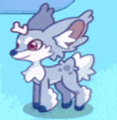 a cartoon deer with antlers and wings is standing on a blue background .