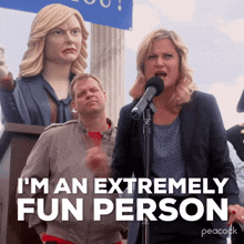 a woman speaking into a microphone with the words " i 'm an extremely fun person "
