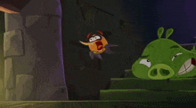 a cartoon pig is sitting next to an orange ball .