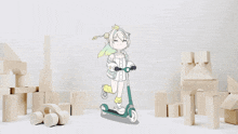 a drawing of a girl on a scooter in a room with wooden blocks