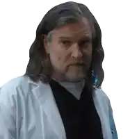 a man with long hair and a beard wears a lab coat
