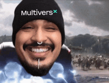 a man wearing a beanie that says multivers on it