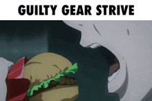 a cartoon of a person eating a hamburger with the words guilty gear strive above it
