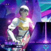 a woman in a futuristic outfit is standing in front of a computer monitor