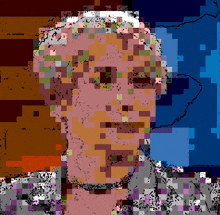 a pixelated image of a man 's face with a purple background