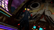 a man wearing a mask and red gloves is standing in front of a large skull