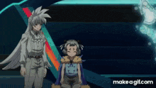 a couple of anime characters standing next to each other with make a gif.com in the corner .
