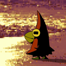 a pixelated drawing of a bird wearing a witch costume