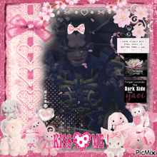 a picture of a man surrounded by pink stuffed animals with the words kiss me on it