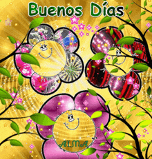 a greeting card that says buenos dias with three smiling flowers