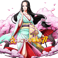 a woman in a kimono stands in front of a sign that says ratu ular 77