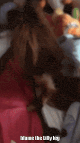 a blurry picture of a dog with the words blame the lilly leg below it