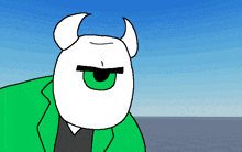 a cartoon character with horns and a green eye is wearing a green jacket