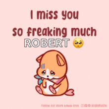 a picture of a hamster with the words i miss you so freaking much robert on it .
