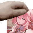 a person is petting a pink haired anime girl with a hat on .