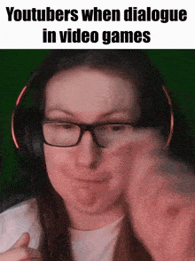 a woman wearing glasses and headphones is making a funny face while playing video games