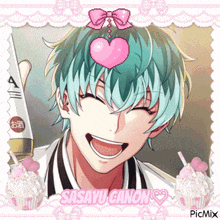 a pixel art of a boy with a heart on his head and the name sasayo canon