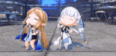 two anime characters are standing next to each other with chinese writing on the bottom