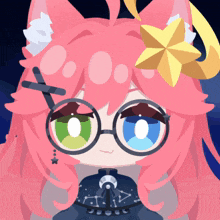 a drawing of a girl with pink hair and glasses