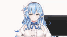 a girl with blue hair and a flower in her hair is wearing a white hat