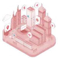 an isometric drawing of a city with a dollar sign on the top of a building