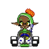 a pixel art of a person riding a go kart with a pumpkin on their hat .