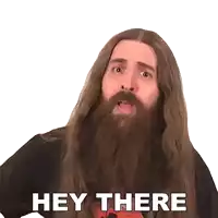 a man with long hair and a beard is saying " hey there "