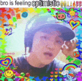 a man wearing a helmet and headphones is surrounded by colorful stickers and a rainbow .