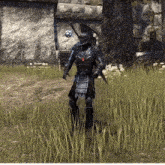 a video game character is standing in a grassy field