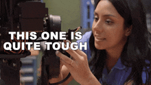 a woman working on a machine with the words this one is quite tough