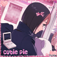 a picture of a girl with a bow in her hair and the words cutie pie below her