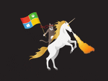 a cat is riding on the back of a unicorn with a windows flag