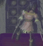a creepy doll is standing in a room with a purple background