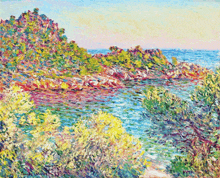 a painting by claude monet shows a shoreline with trees and a body of water