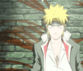 a cartoon character with yellow hair is standing in front of a brick wall with his eyes closed