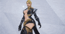 a woman in a very revealing outfit is standing in front of a blue background in a video game .