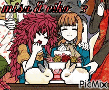 a group of people are sitting around a table with a cake and rabbits .