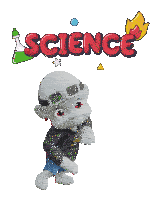 a cartoon character standing in front of a science logo