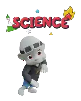 a cartoon character standing in front of a science logo