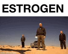 three men standing in the desert with the word estrogen above them